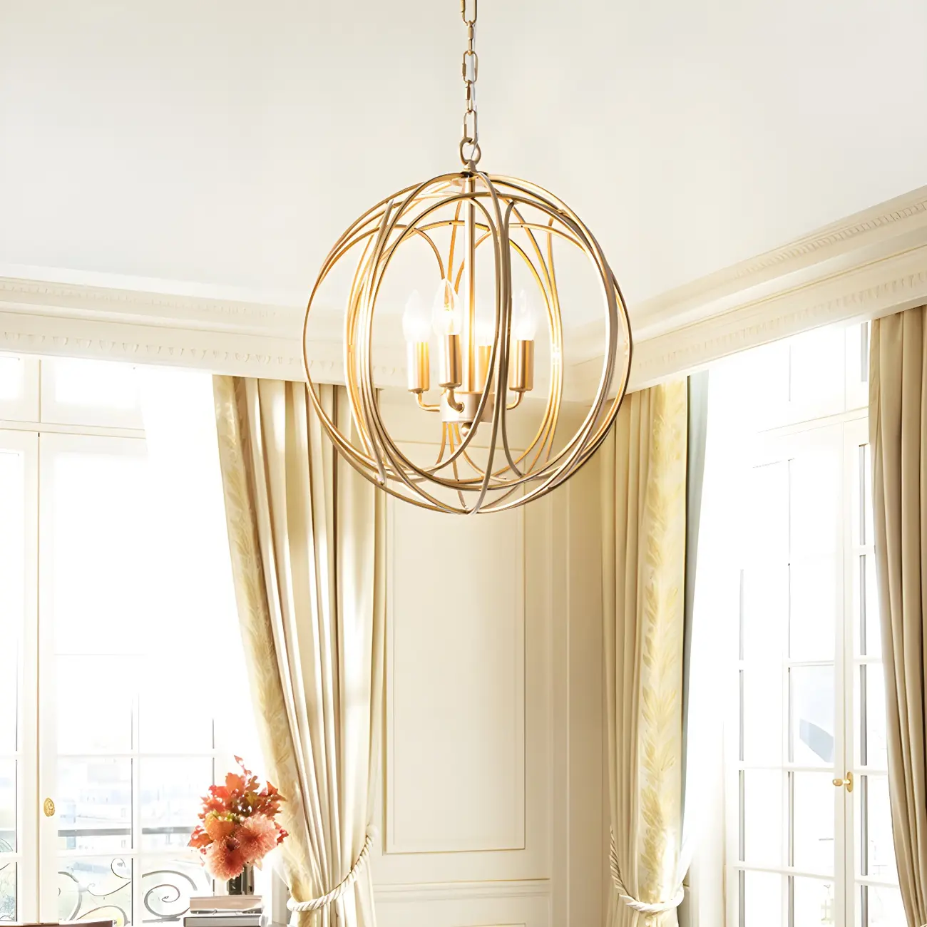 Gold Spherical Metal Cage Candle Chandelier