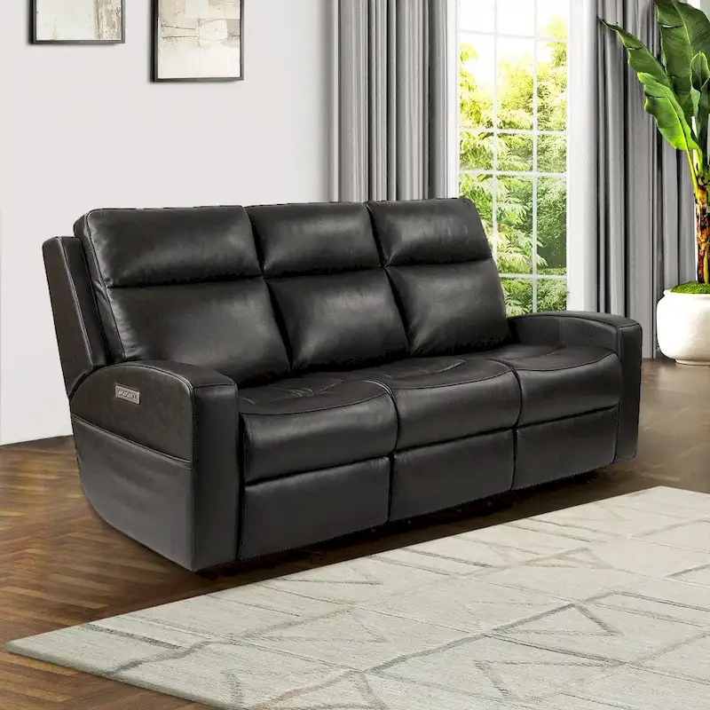 89  Wide Top Grain Leather Power Reclining Sofa Electric Recliner Sofa with Storage, USB Charge Port, Adjustable Headrest