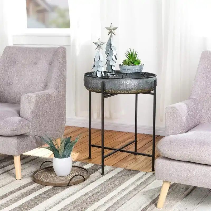 Folding Galvanized Side Table Waterproof Coffee Table - 22.44D x 22.44W x 25.79H