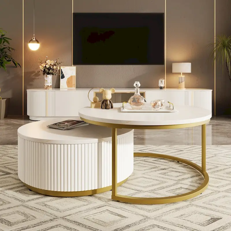 Modern Round Nesting Coffee Table Fluted with Drawer