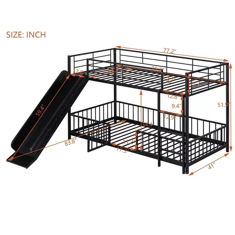 Whisen Stylish Design Metal Bunk Bed with Slide and Guardrails