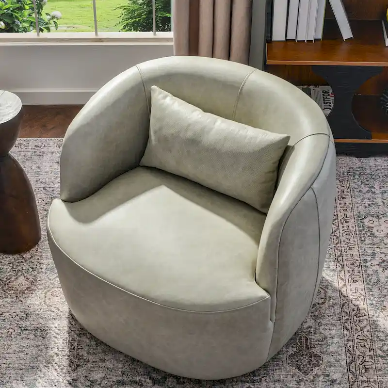 KINWELL Modern Top Grain Genuine Leather Swivel Armchair with Pillow