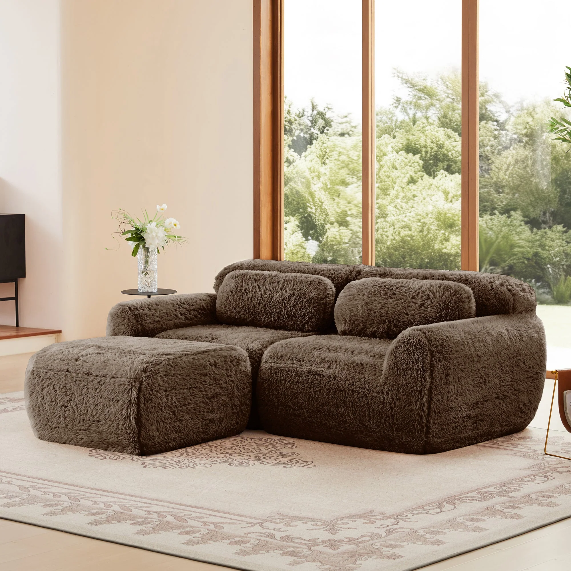 Soft Teddy Plush Ergonomic Design L-shaped Loveseat Sofa with Ottoman