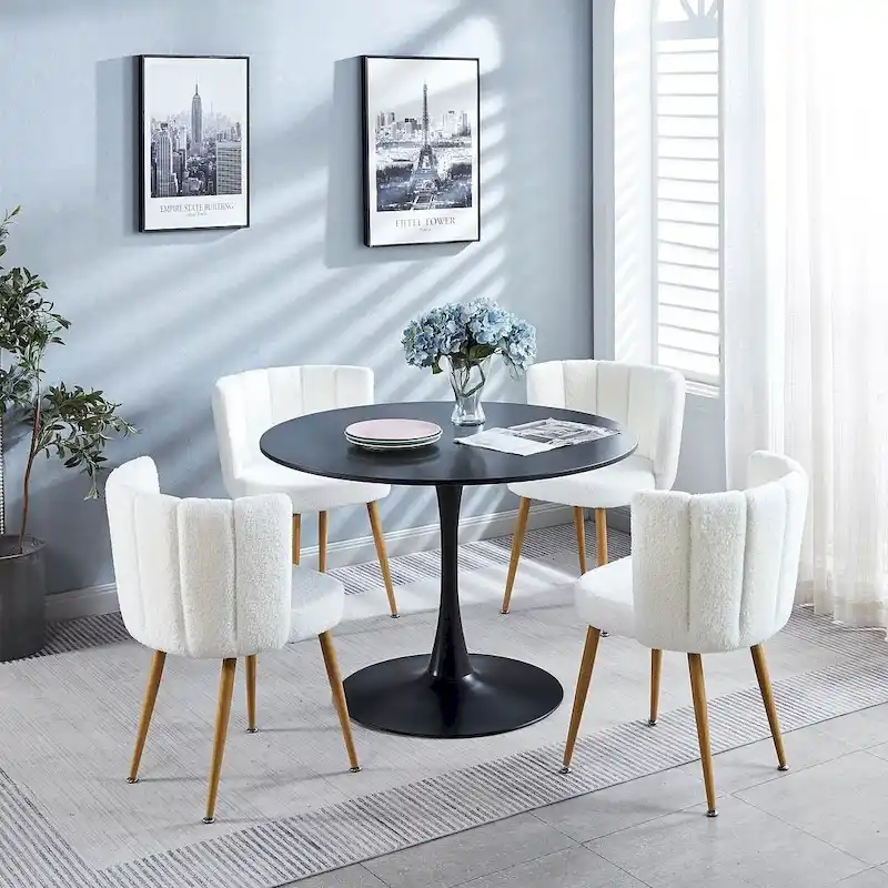 Round Dining Table with 4 Teddy Plush Fabric Chairs