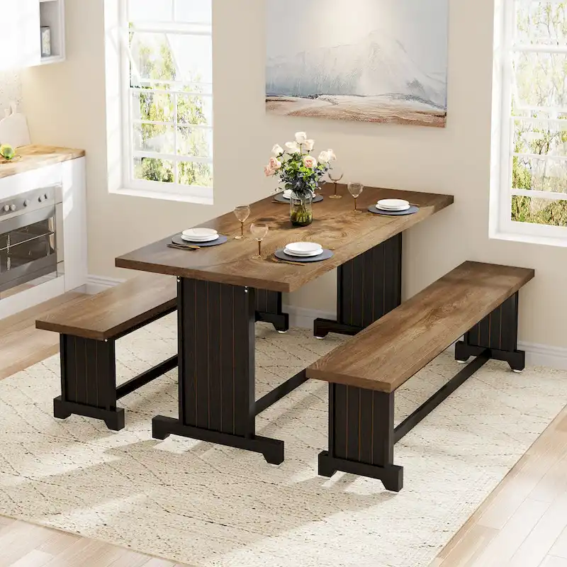 47 Inches Farmhouse Wood 3-piece Small Dining Table with 2 Benches - N/A