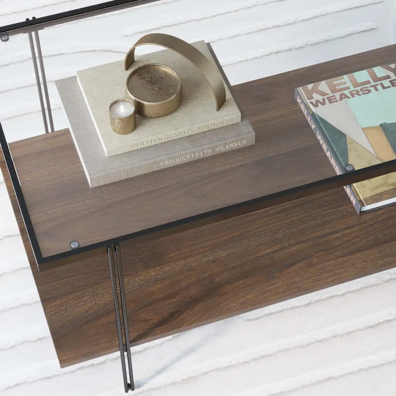 Mid-Century Coffee Table with Glass Top and Oak Shelf