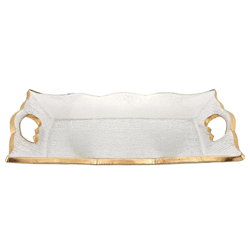 HomeRoots 11  Clear And Gold Seeded Glass Serving Tray With Handles