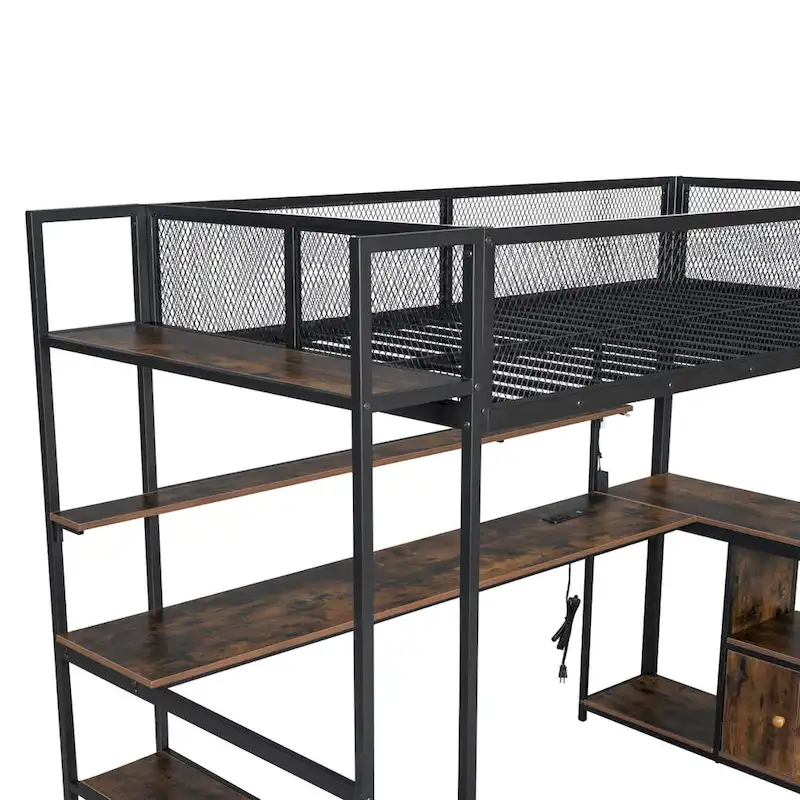 Twin Size Metal Loft Bed w/Built-in Work Station, LED,Multiple Storage