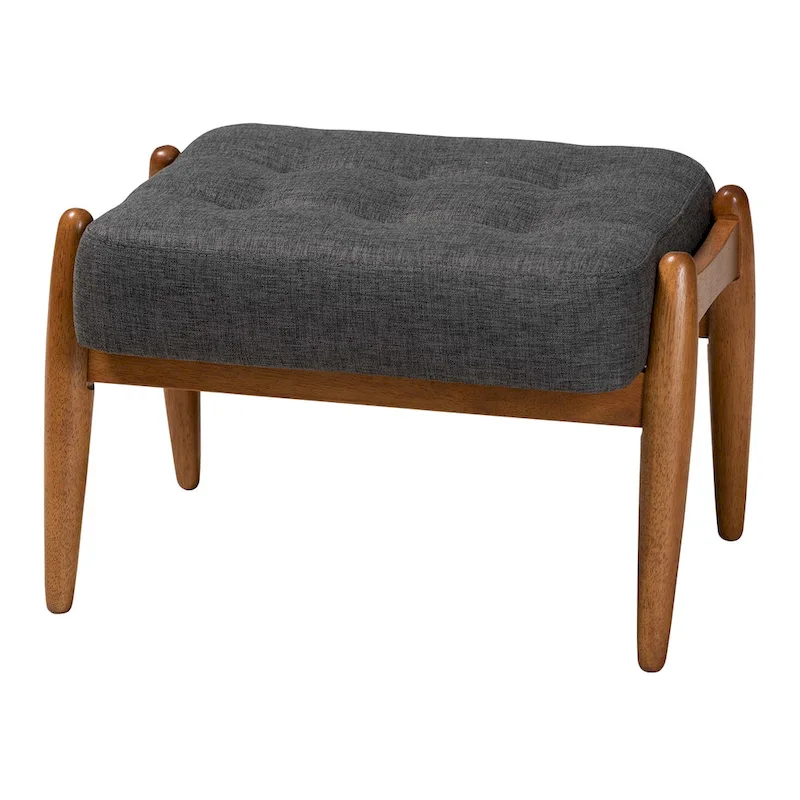 Jeanine Japandi Dark Grey Fabric and Walnut Brown Finished Wood Ottoman Footstool