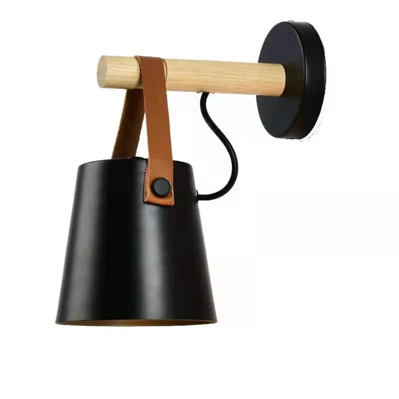 Modern Wall Sconce Wood and Metal with Leather Strap