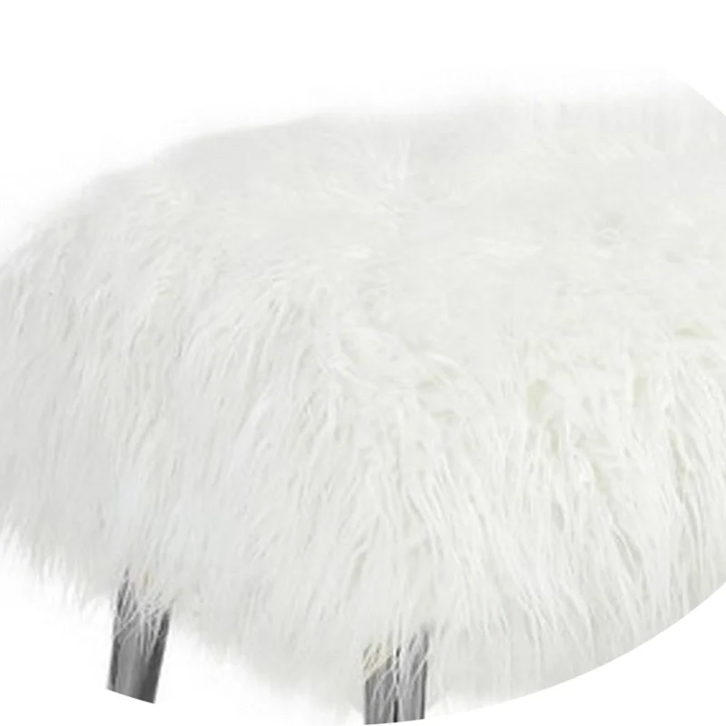 Ammy 45 Inch Bench with Foam Fill Seat, White Faux Fur, Silver Metal Legs