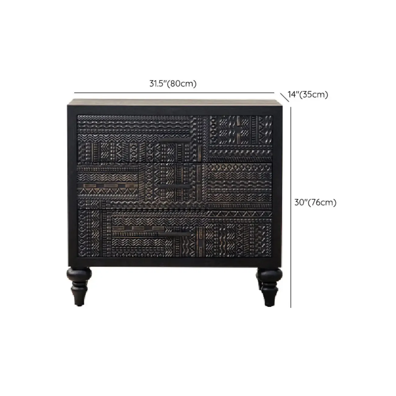 Mid-Century Rectangle Black Distressed Wood Carved Cabinet