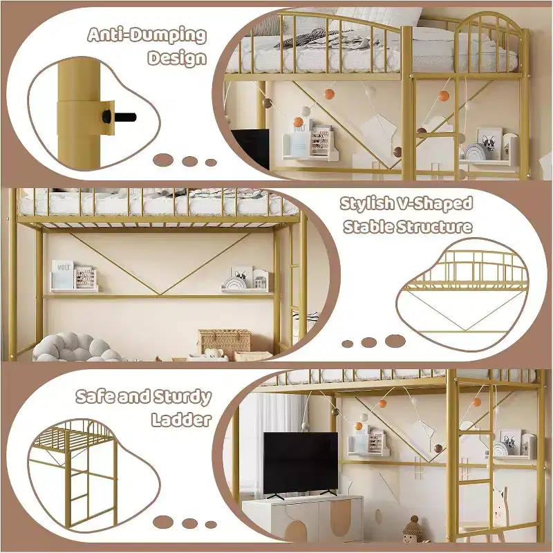 Acekool Twin Loft Bed with Stairs, Arched Guardrail, Metal Frame, Space-Saving, Noise-Free, Gold