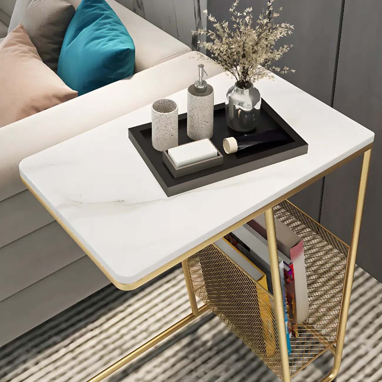 Metal C-Shaped Marble Top End Table with Magazine Rack
