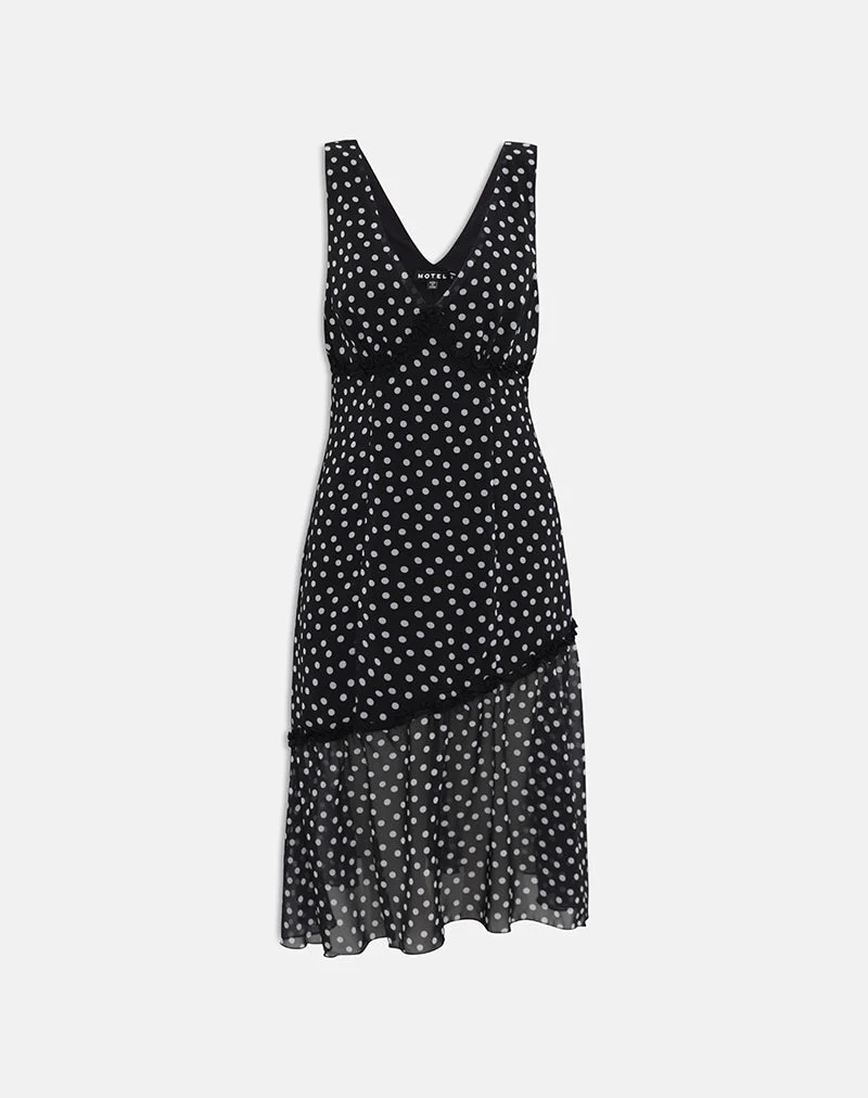 Sovira Midi Dress in Chiffon Black with Tiny Polka Print