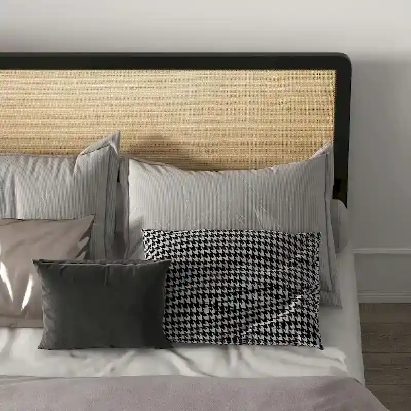 Bed Frame with Rattan Headboard, No Box Spring Needed