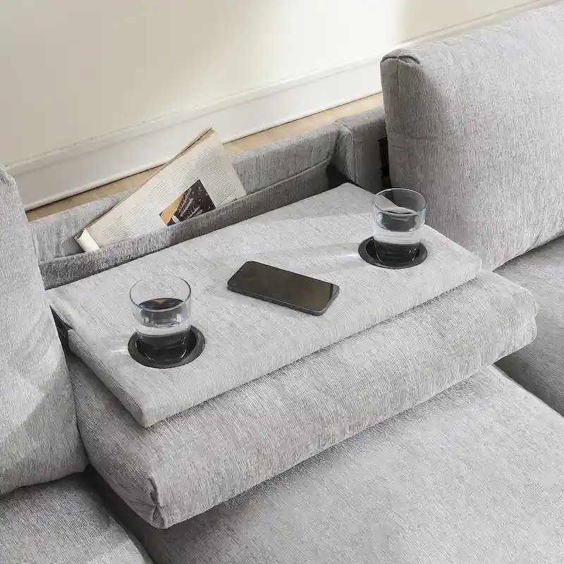 96 Chenille Smart Sectional Sofa with Bluetooth Speaker, Drop-Down Table & USB Charger and 3-Seater Cloud Couch