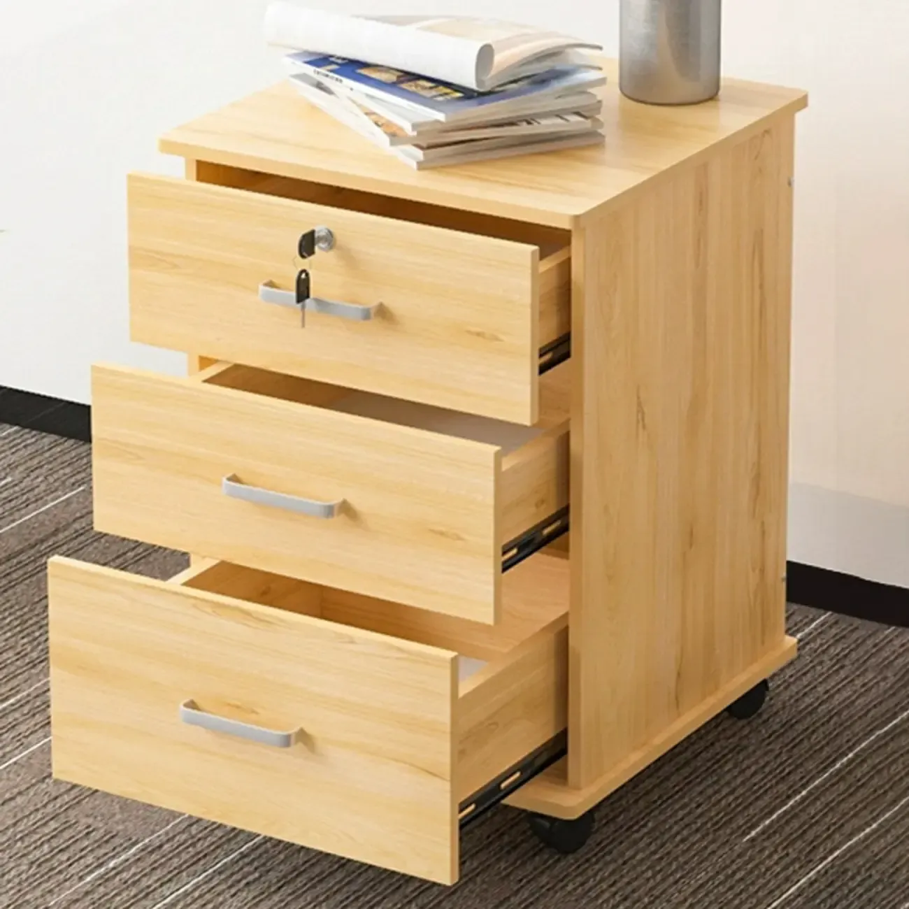 Lokable Brown-White Wood 3 Drawers Mobile Filing Cabinet