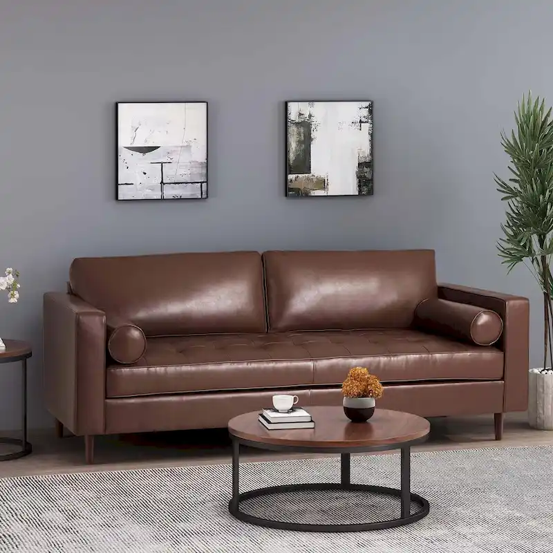 Modern 82.25 Faux Leather 3-Seater Sofa with Wood Legs