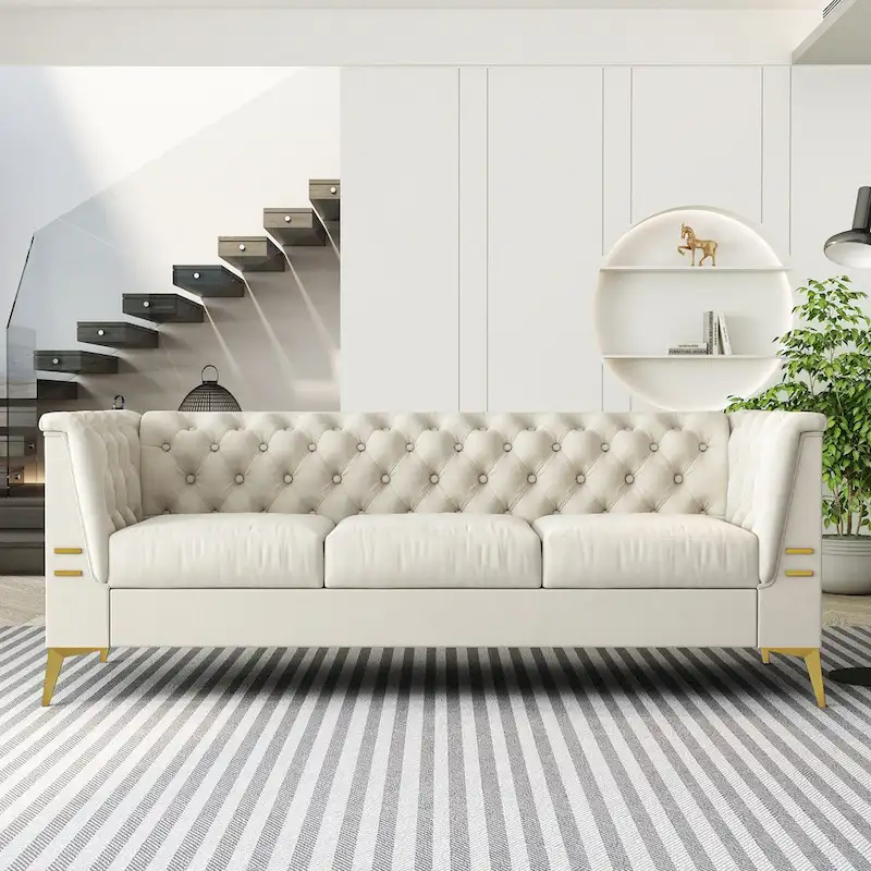 82.7 Velvet 3-Seater Sofa with Gold Metal Legs