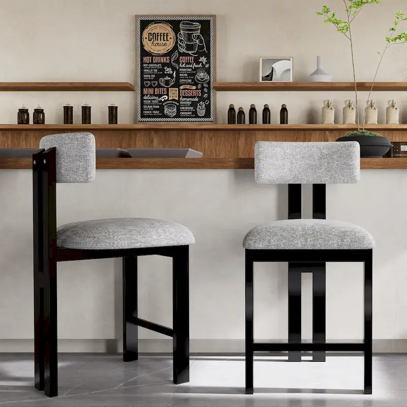 26.5 Round Upholstered Counter Stools, Set of 2 Low Back Bar Chairs with Black Metal Frame