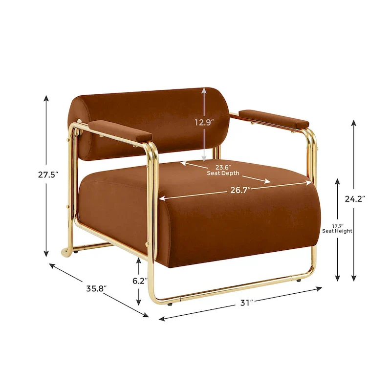 31 Wide Velvet Armchair with Cylindrical Backrest and Metal Frame