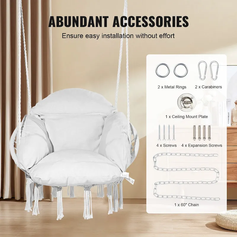 Hanging Hammock Swing Chair, Macram Hanging Chair with Cushion and Mounting Hardware, Cotton Rope Swing Chair