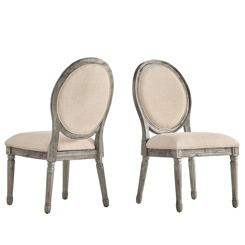Round Linen and Wood Dining Chairs Set of 2, Artisan Style Upholstered Side Chairs