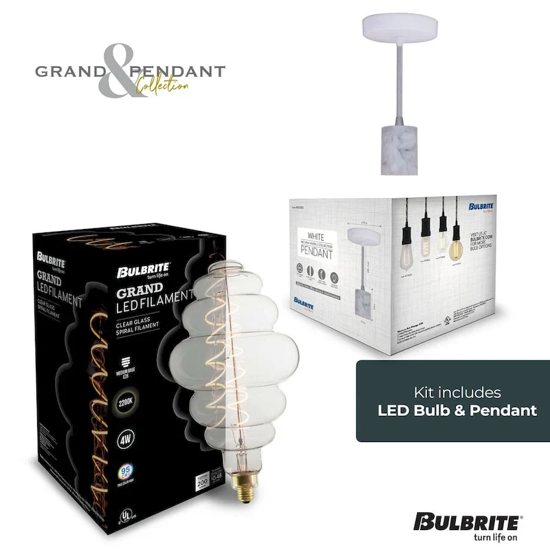 Bulbrite LED Grand Bulb and Pendant Kit of (1) 4 Watt Clear Glass 15  Beehive Shaped Bulb