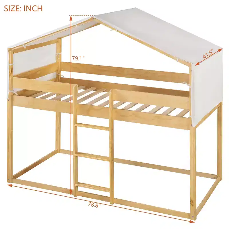 CLIHOME Rustic Twin Over Twin Wood Bunk Bed Frame with Tent and Ladder