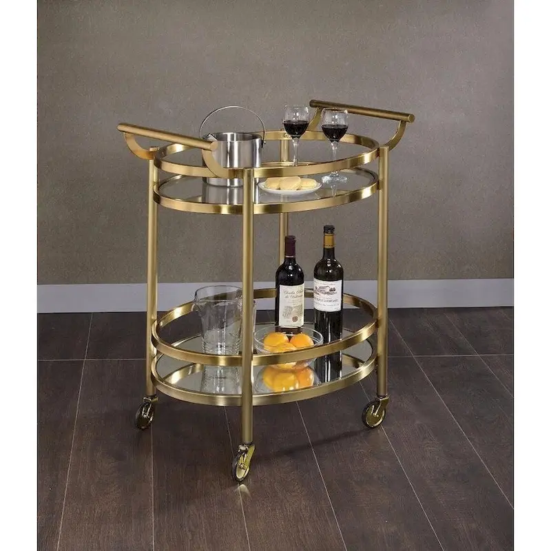 Oval Shaped Metal Serving Cart with 2 Shelves, Silver - 34 H x 19 W x 27 L Inches