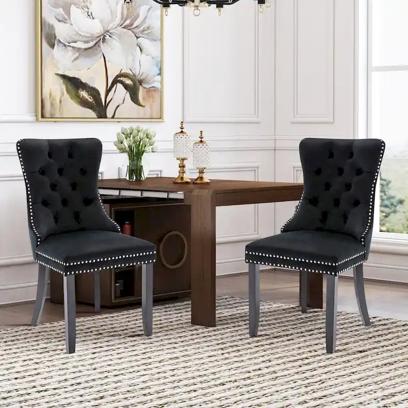 Velvet Modern Dining Chairs Set of 2, Upholstered Dining Side Chairs with Wood Legs, Nailhead Trim, Modern Dining Chairs - N/A