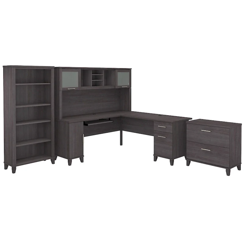 Somerset 72W L Shaped Desk with Hutch, Cabinet and Bookcase in Gray