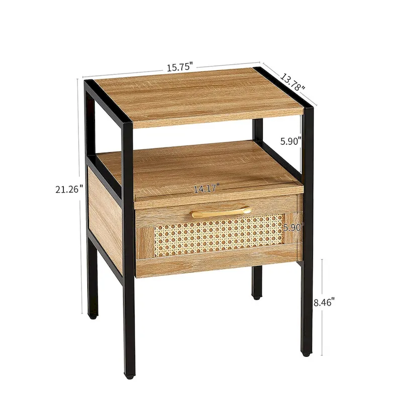 Set of 2, 15.75  Rattan End table with drawer, Modern nightstand, metal legs, side table for living room, bedroom