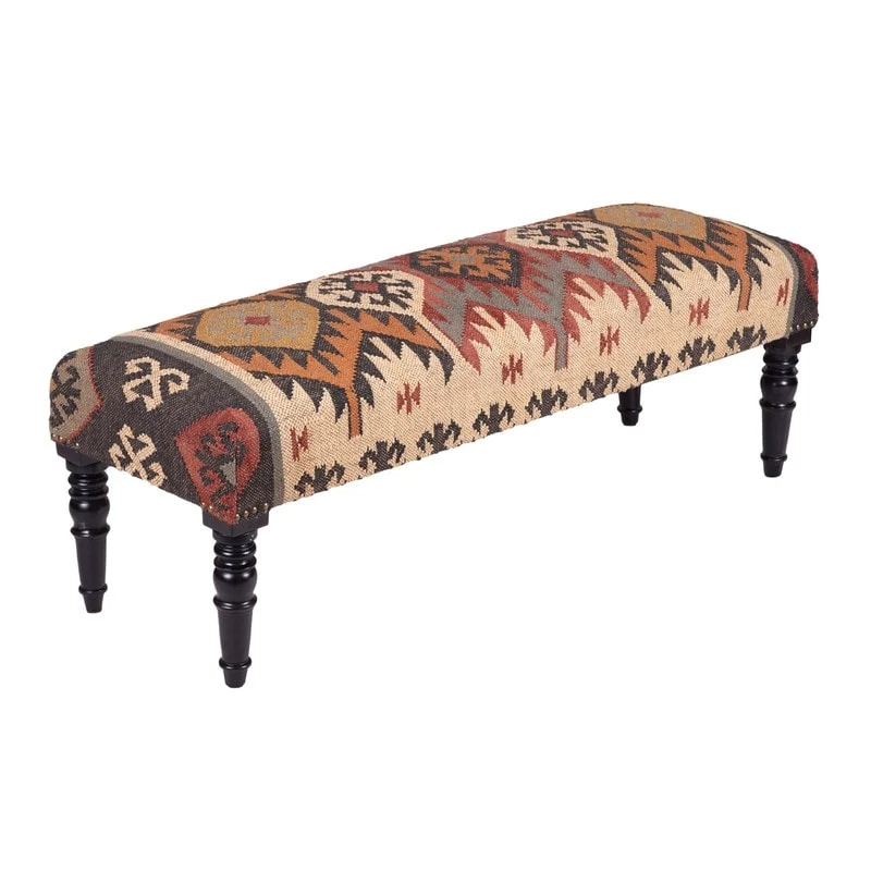 Handmade Kilim Upholstered Wooden Bench (India) - 48  L x 16  W x 18  H