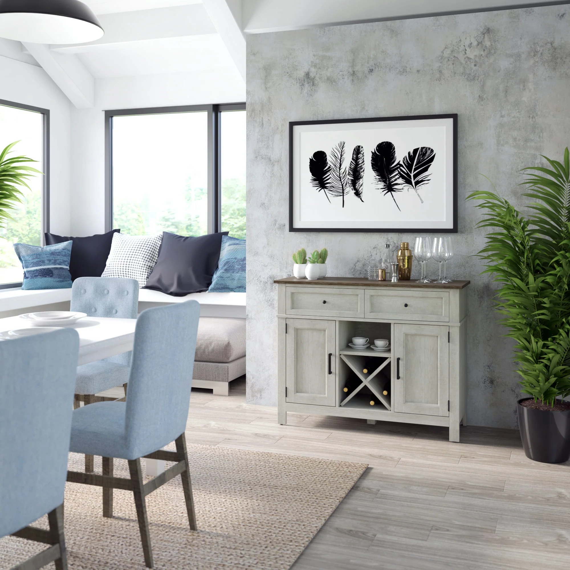 Farmhouse Buffet Sideboard with Wine Shelving and Stemware Storage