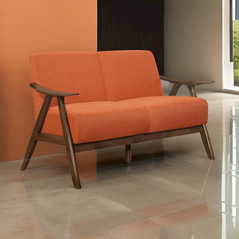 Indy 51 Inch Loveseat, Brown Wood Angled Frame, Textured Orange Fabric