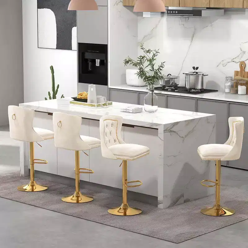 Set of 2 Bar Chairs Dutch Velvet Bar Stool with Footrest Metal Base Anti-Slip Ring Pink/Beige/Grey