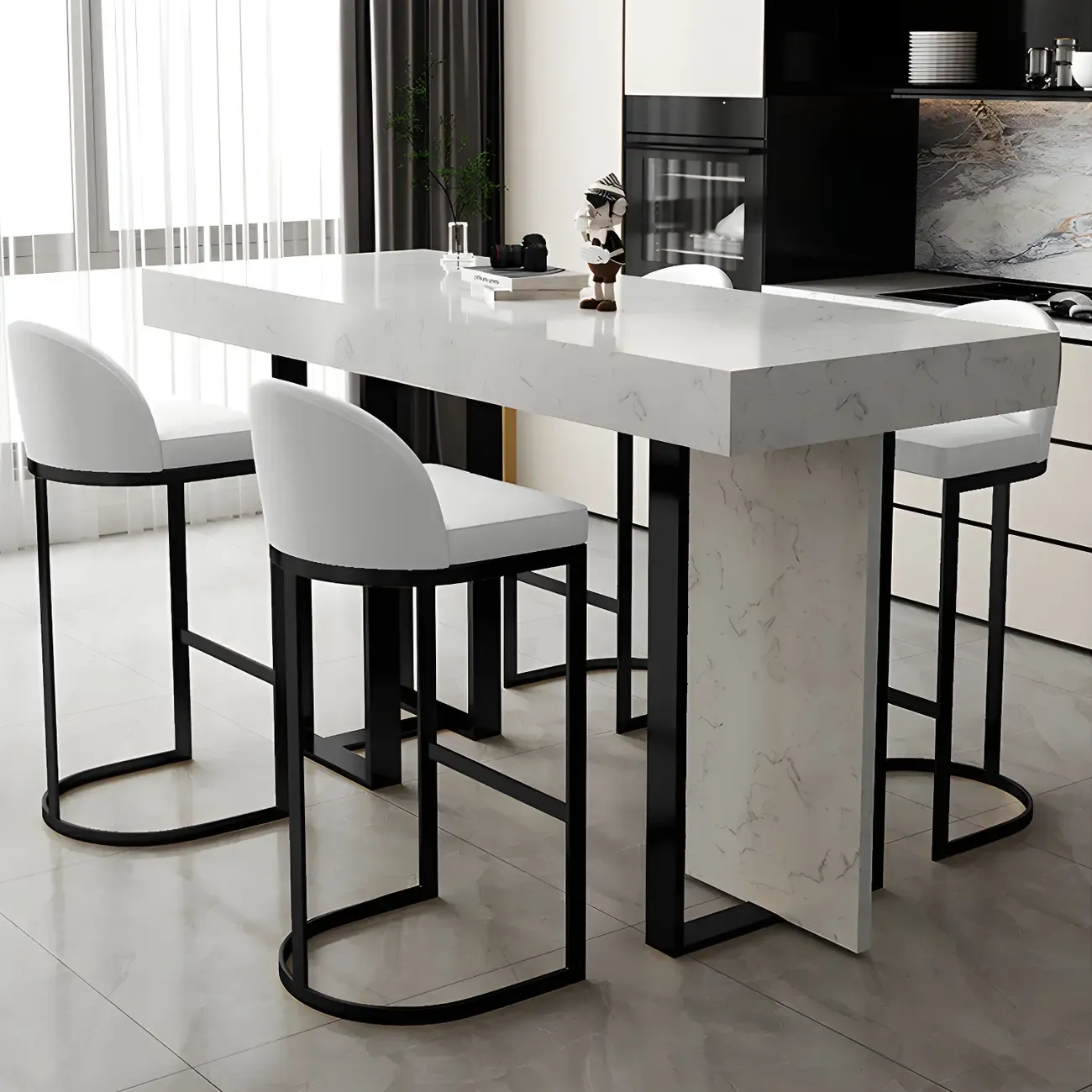 Rectangle White Marble Top Iron Base Dining Bar Table