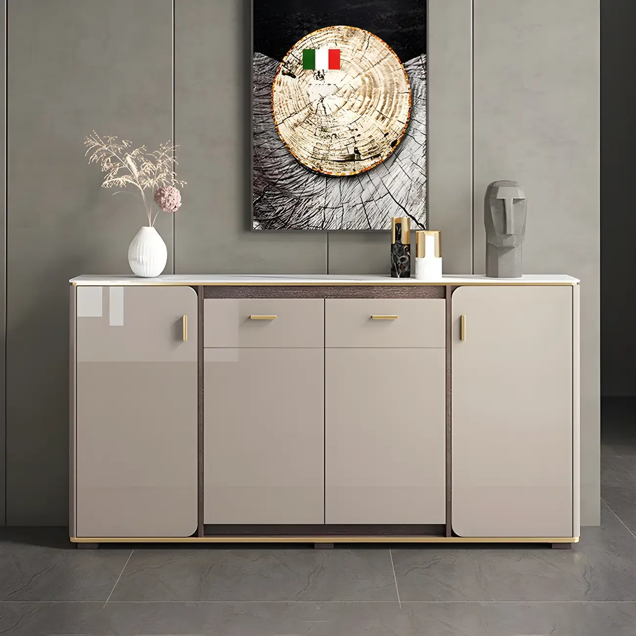 Glam Off-White Stone Top Sideboard with Cabinets
