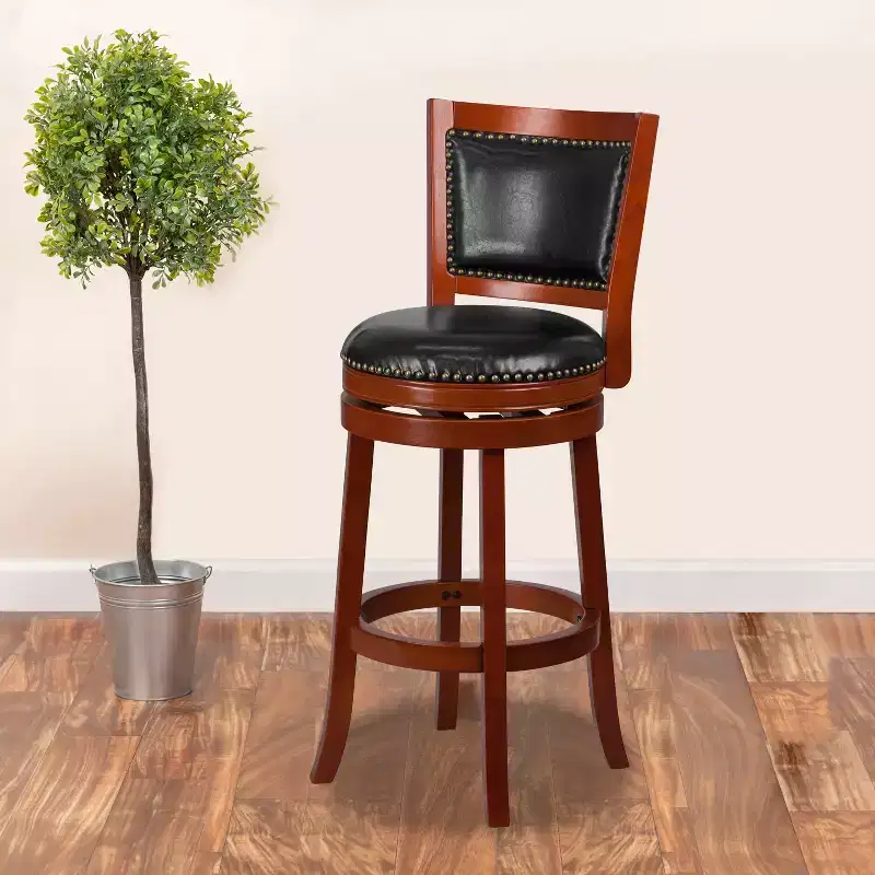 Emma and Oliver 30H Open Panel Back Wood Barstool with Leather Swivel Seat