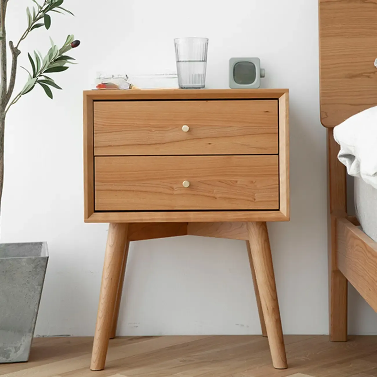 Scandinavian Narrow Cherry Wood Nightstand with Drawers