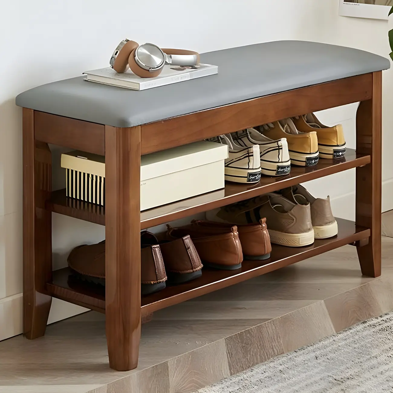 Entryway Walnut Wooden Adjustable Shoe Storage Bench