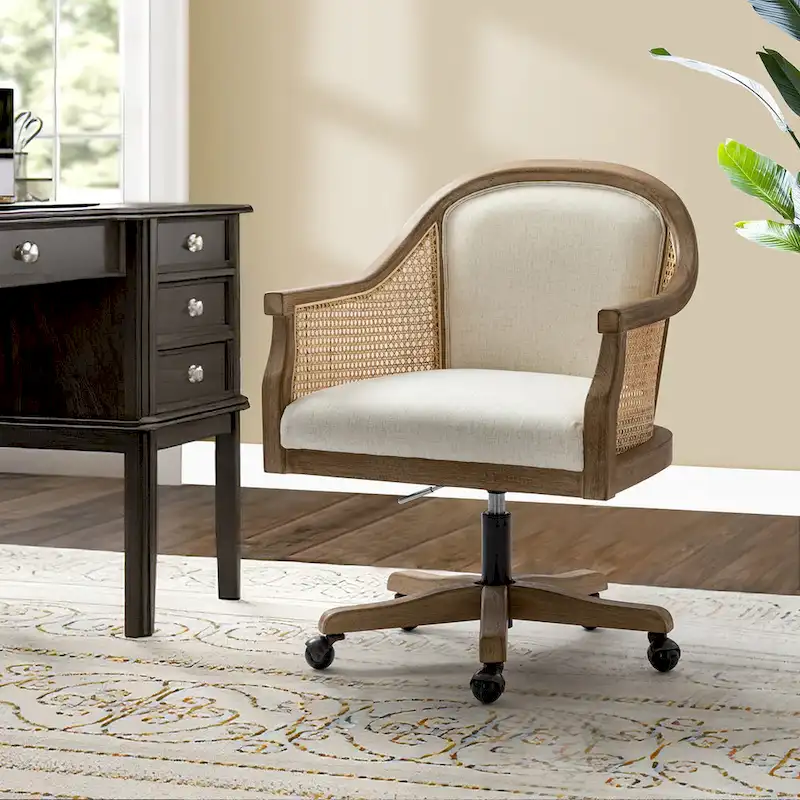 Farmhouse-Style Rattan Office Chair — 360° Swivel, Adjustable Height, Rubberwood Construction