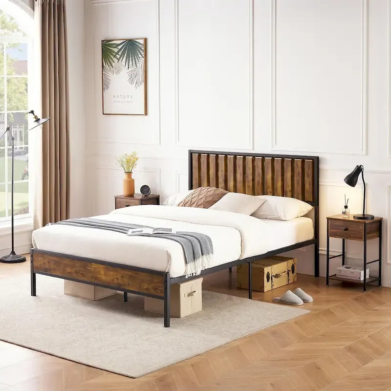 Platform Bed Frame, Rustic Vintage Wood Headboard