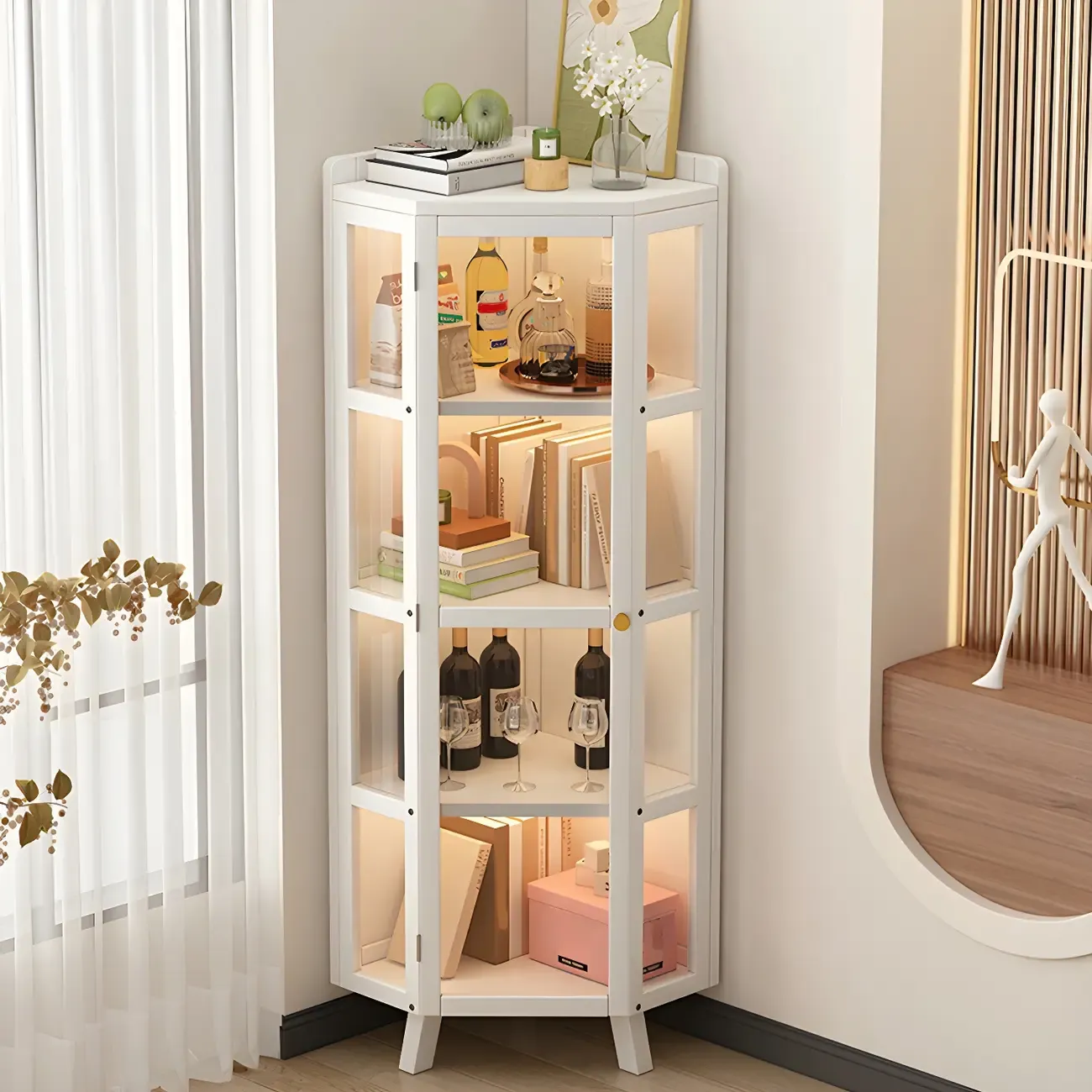 Multi-Shelf Bamboo White Corner Display Cabinet