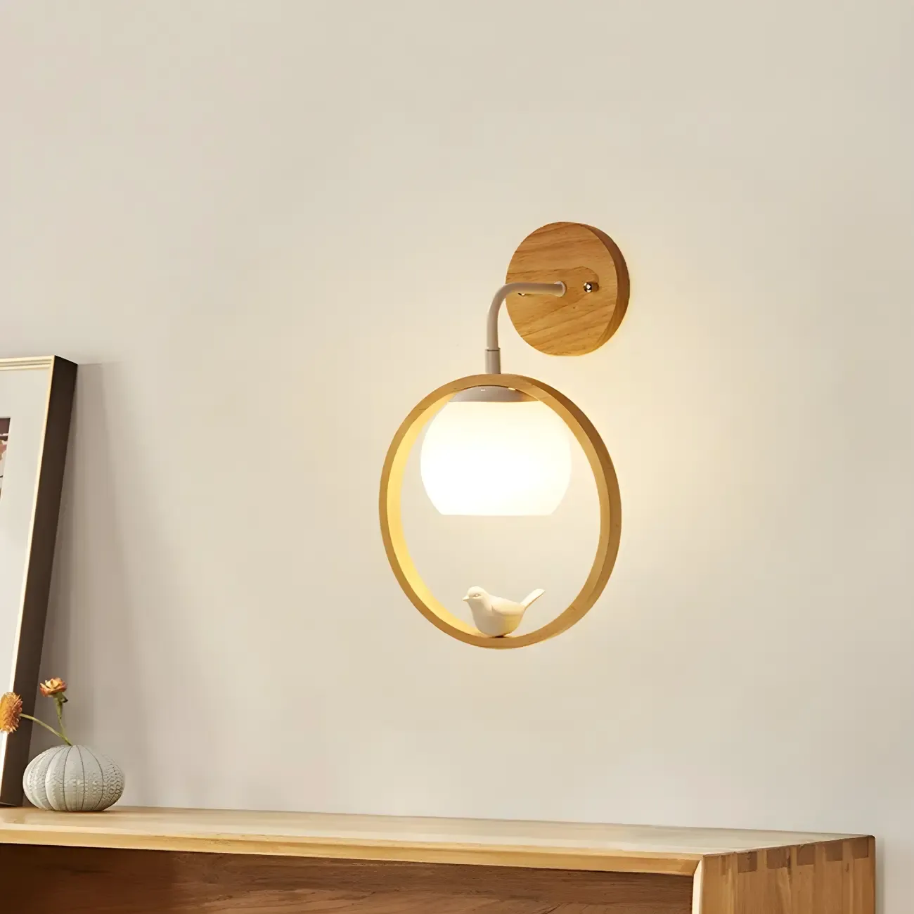 Creative Wooden Ring Wall Sconce with Bird for Living Room
