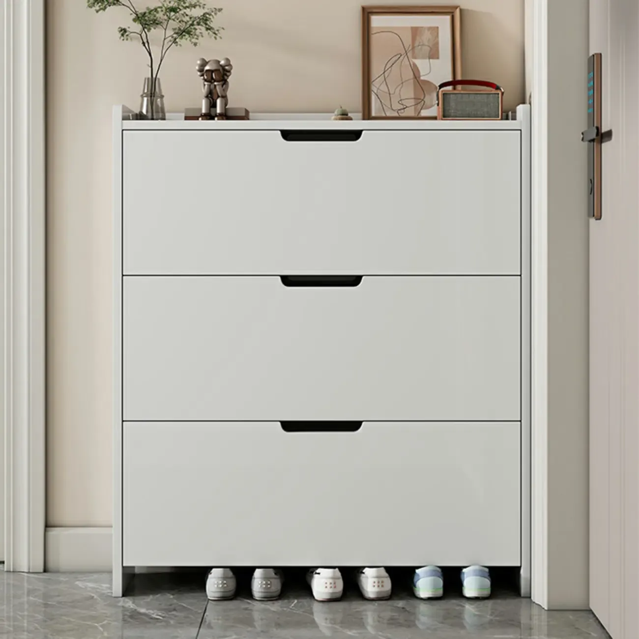 3-Tier White Wood Shoe Cabinet with Drop Front