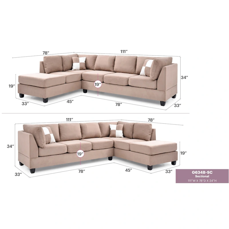 Malone 111 in. Suede 4-Seater Sectional Sofa with 2-Throw Pillow - 111 L x 78 W x 34 H