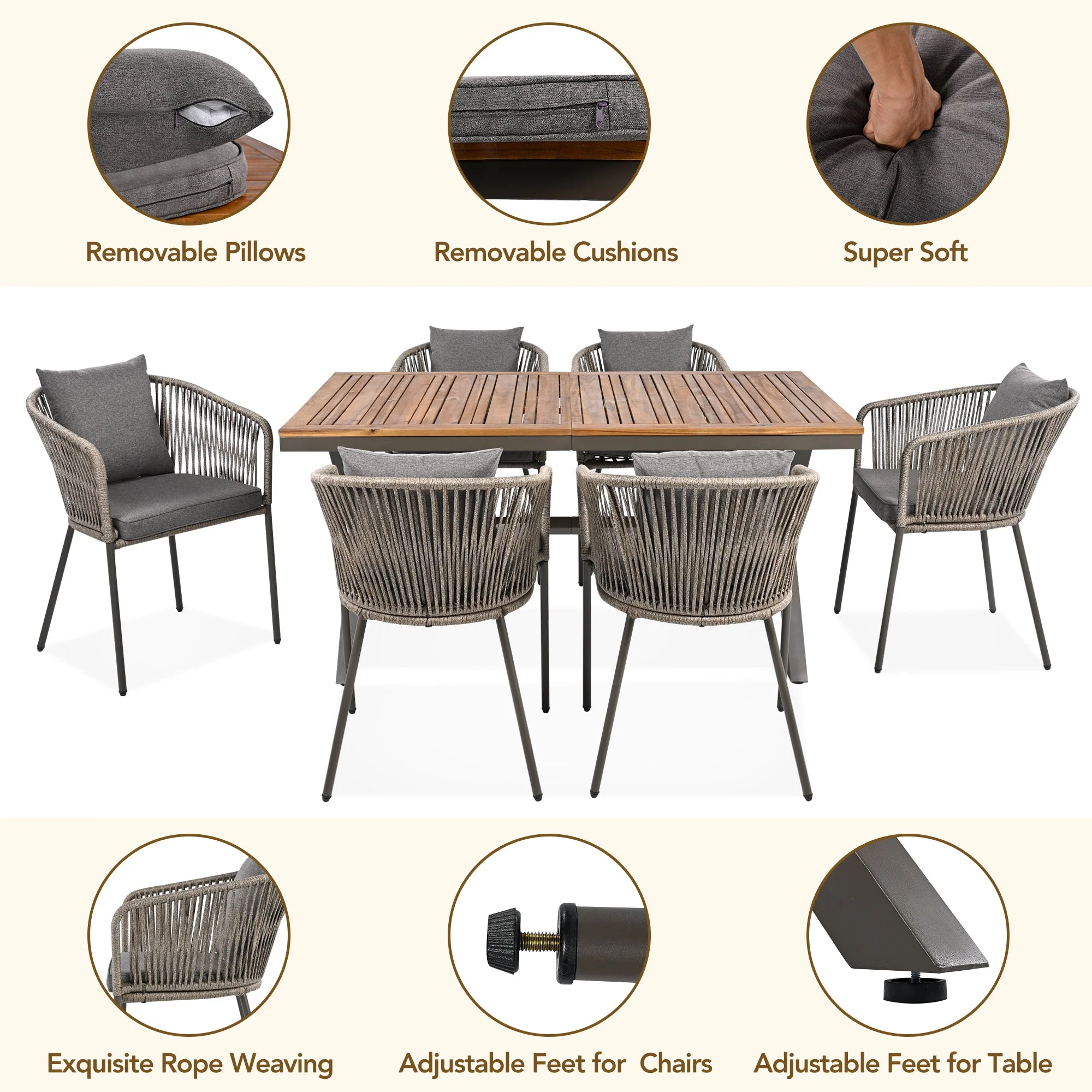 Walker Edison | Rope Modern Design 7 Piece Patio Dining Set